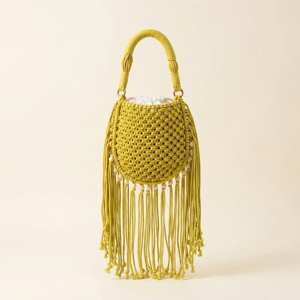 Back panel of Yellow beaded fringe shoulder bag with strap attachments