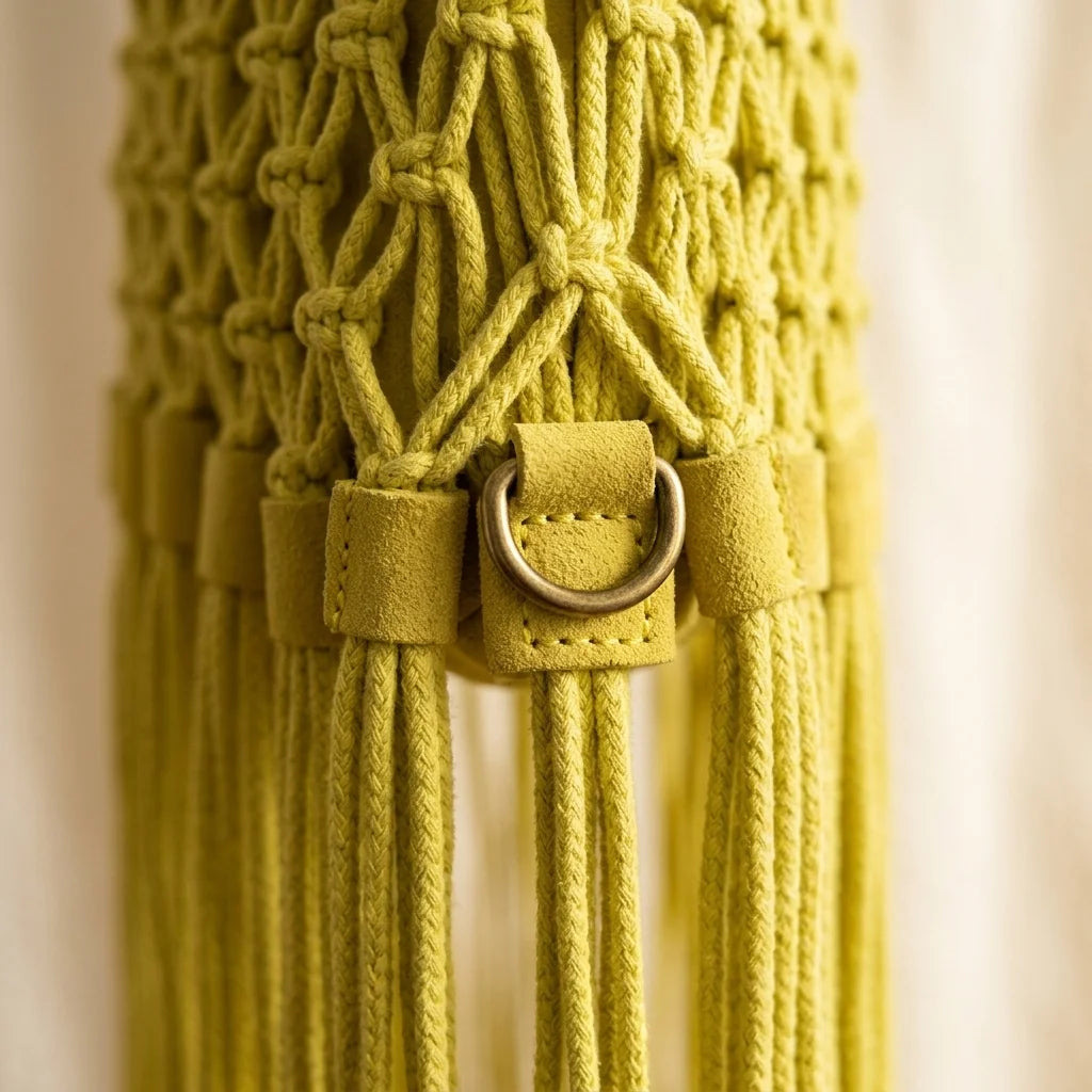 Close-up of fringe stitching and texture on Yellow beaded fringe shoulder bag