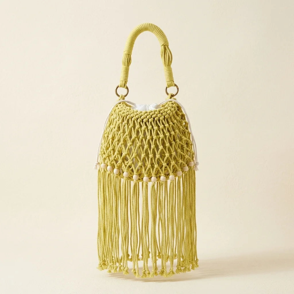 Yellow beaded fringe shoulder bag, front view
