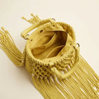Interior lining and pockets of Yellow beaded fringe shoulder bag
