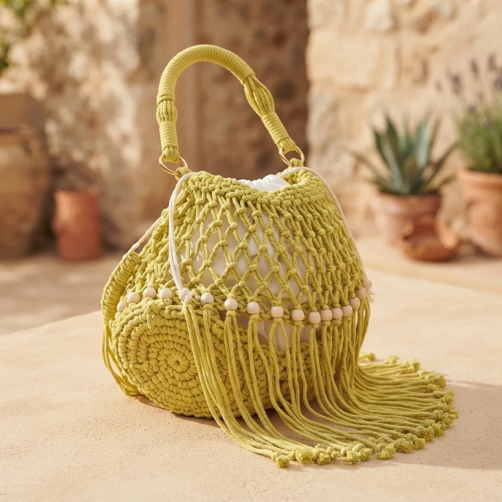 Yellow beaded fringe shoulder bag, three-quarter angle showing side depth
