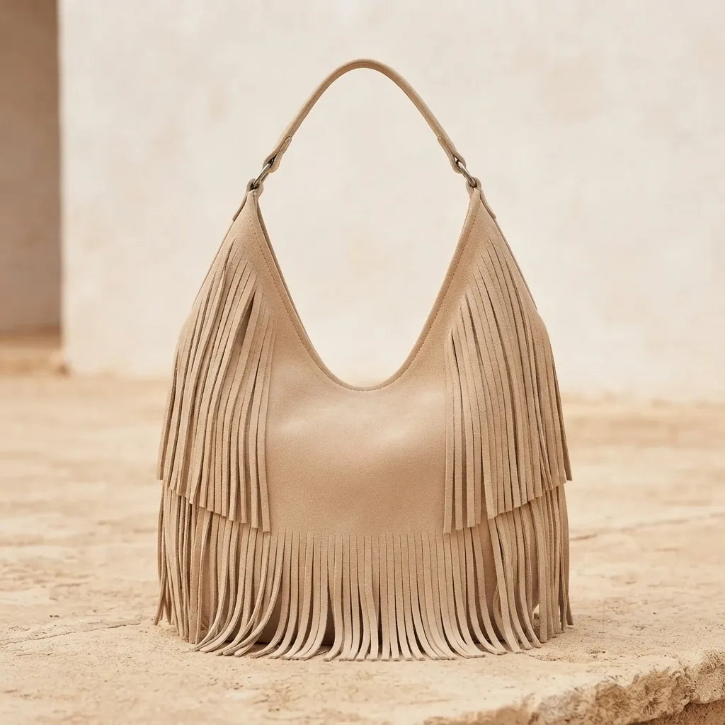 Back panel of Beige beige fringe bag with strap attachments