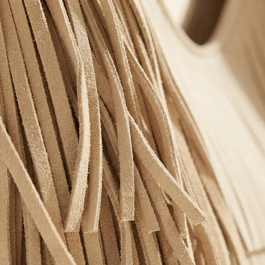 Close-up of fringe stitching and texture on Beige beige fringe bag