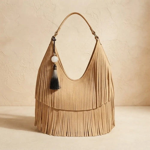 Beige beige fringe bag, front view