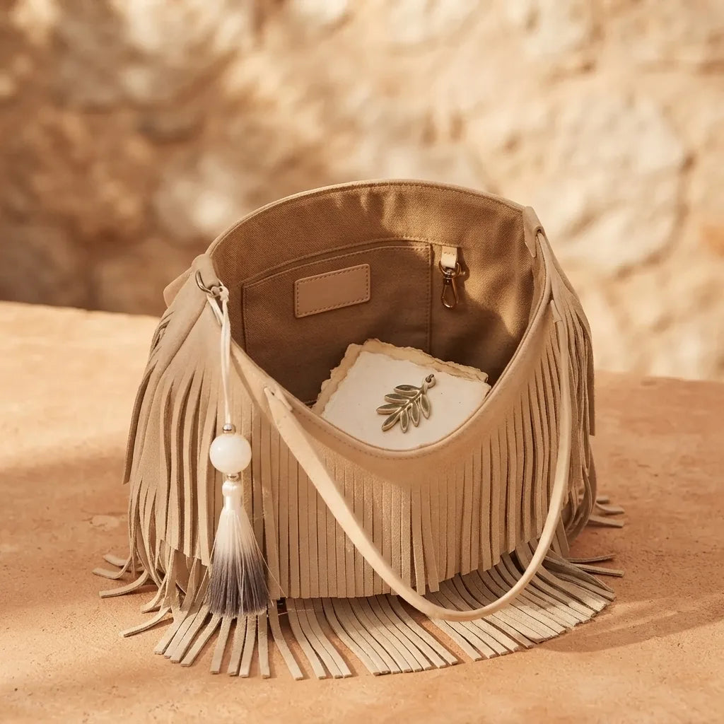 Interior lining and pockets of Beige beige fringe bag