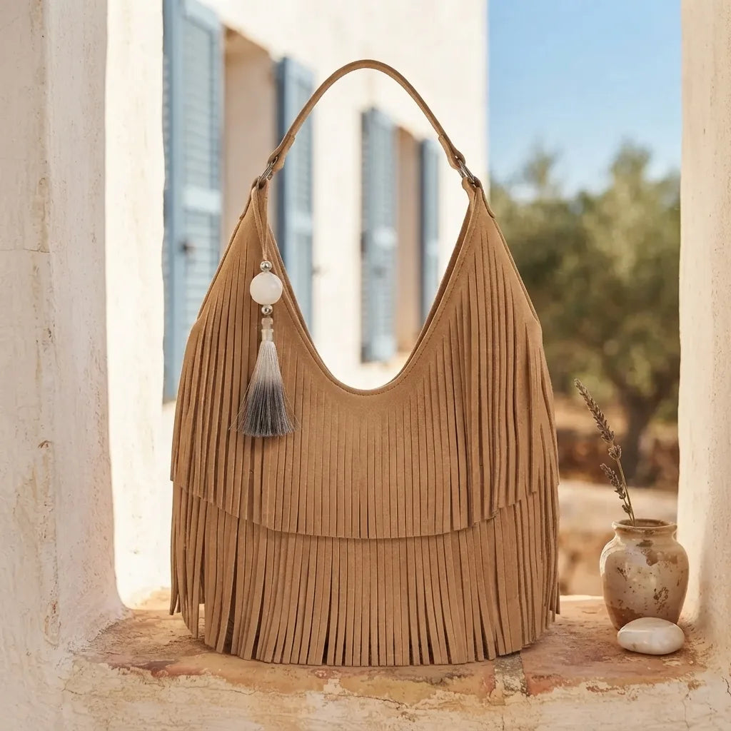Beige beige fringe bag styled in a warm Mediterranean setting