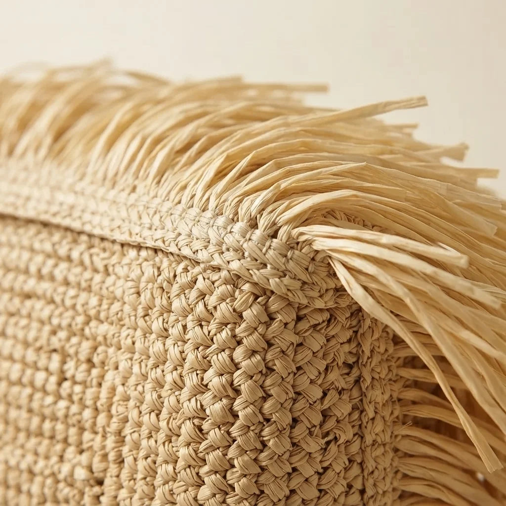 Close-up of fringe stitching and texture on Beige beige fringe tote bag