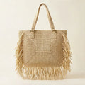 Beige beige fringe tote bag, front view