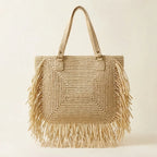 Beige beige fringe tote bag, front view