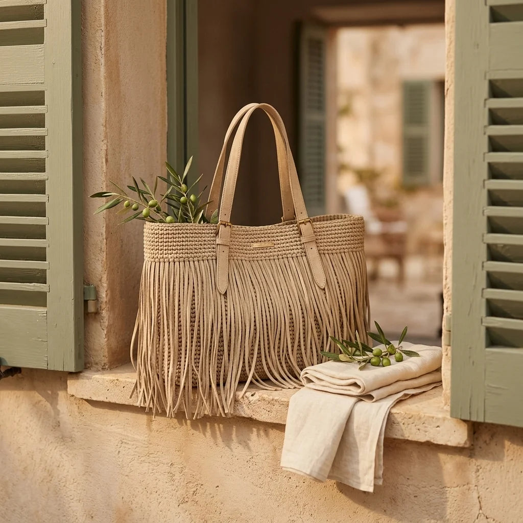 Beige beige fringe tote bag styled in a warm Mediterranean setting