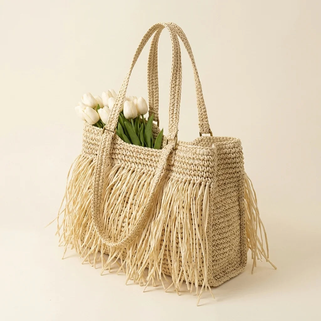 Beige beige fringe tote bag, three-quarter angle showing side depth
