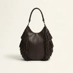 Back panel of Chocolate big brown fringe bag with strap attachments