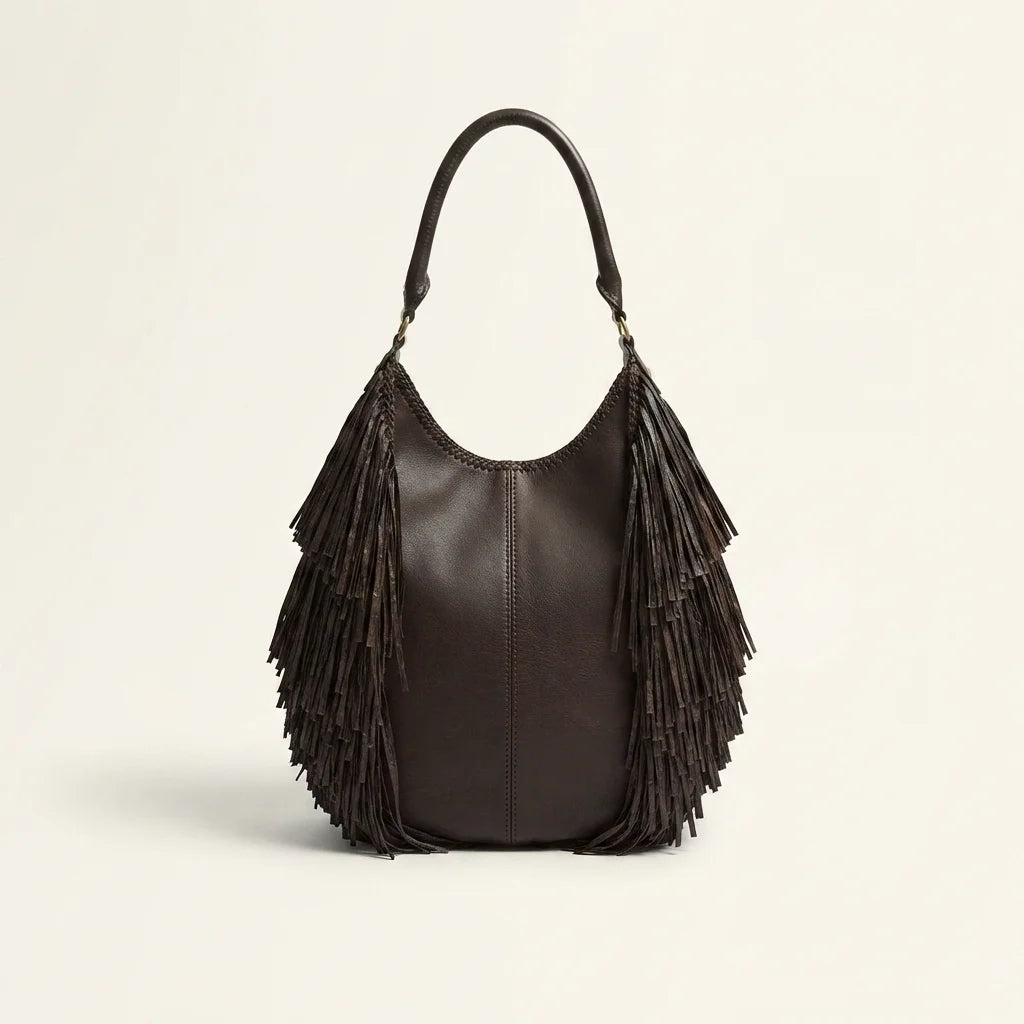 Back panel of Chocolate big brown fringe bag with strap attachments