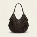 Chocolate big brown fringe bag, front view