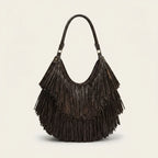 Chocolate big brown fringe bag, front view