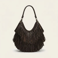 Chocolate big brown fringe bag, front view