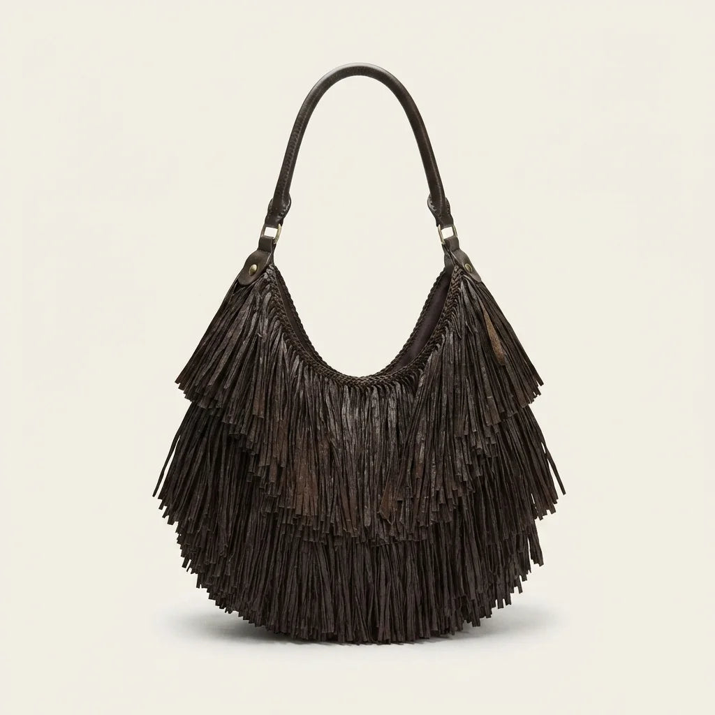Chocolate big brown fringe bag, front view