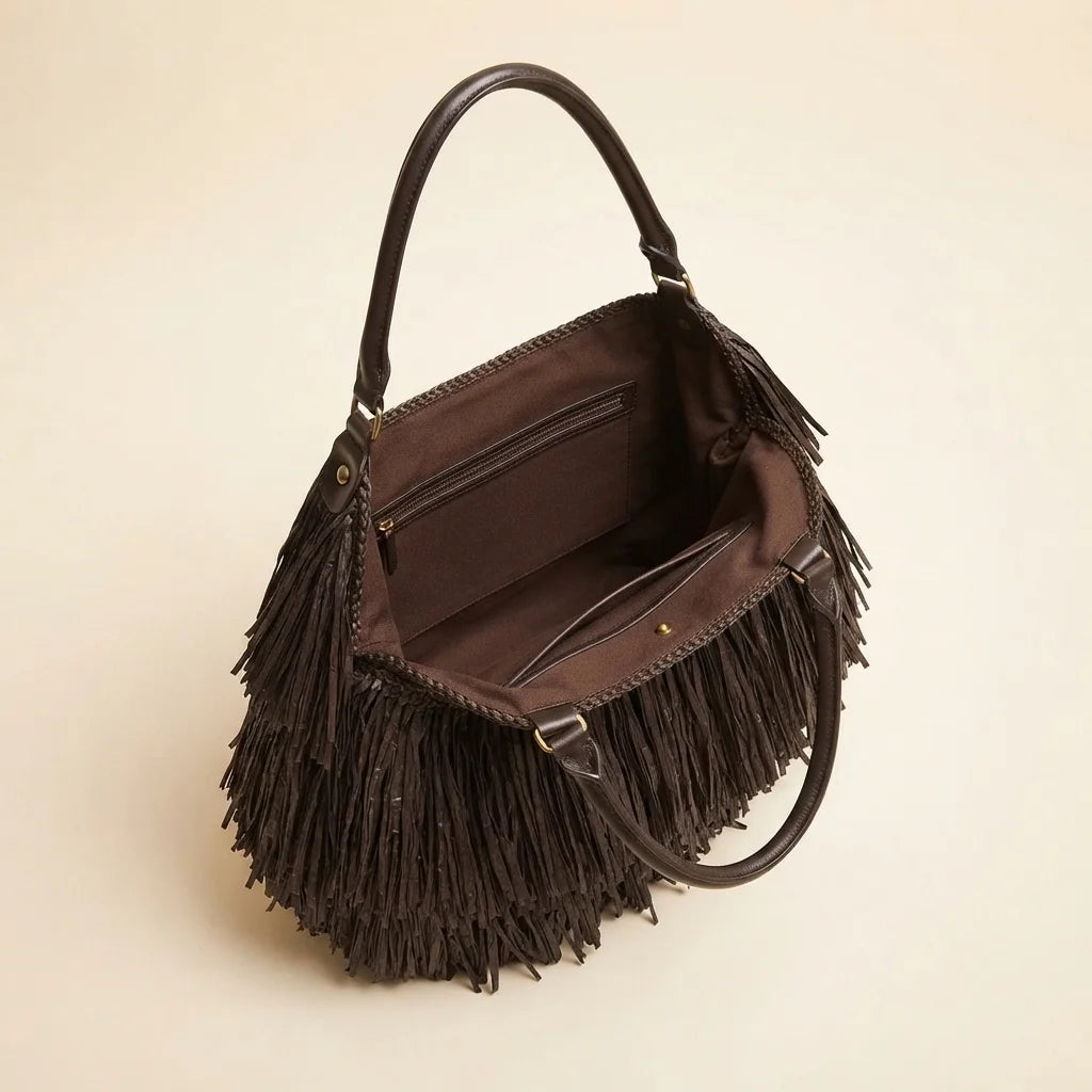 Interior lining and pockets of Chocolate big brown fringe bag