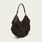 Chocolate big brown fringe bag, three-quarter angle showing side depth