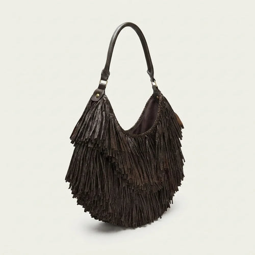 Chocolate big brown fringe bag, three-quarter angle showing side depth