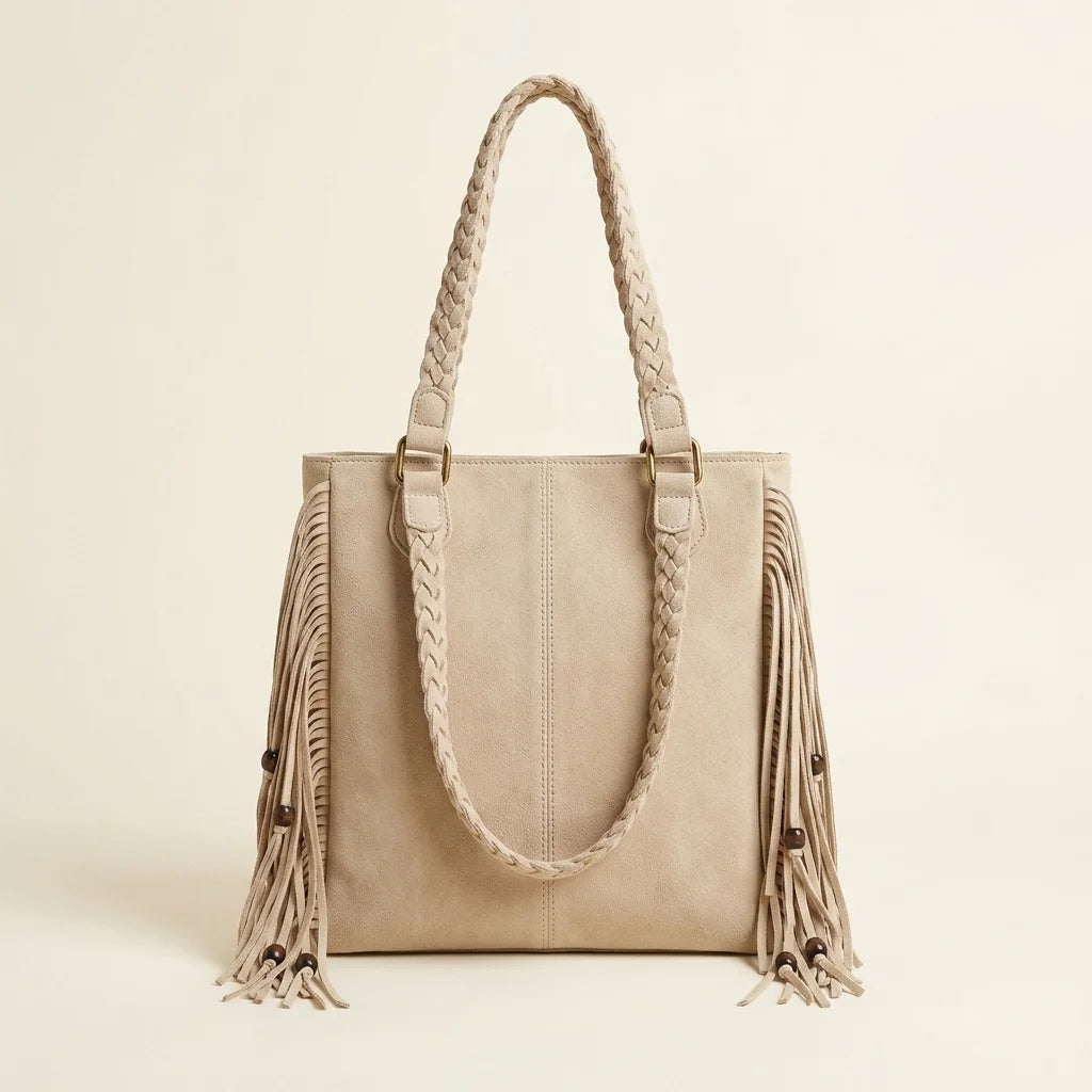 Back panel of Beige big fringed shoulder bag with strap attachments