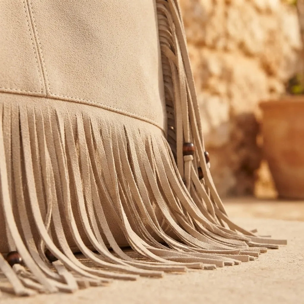 Close-up of fringe stitching and texture on Beige big fringed shoulder bag