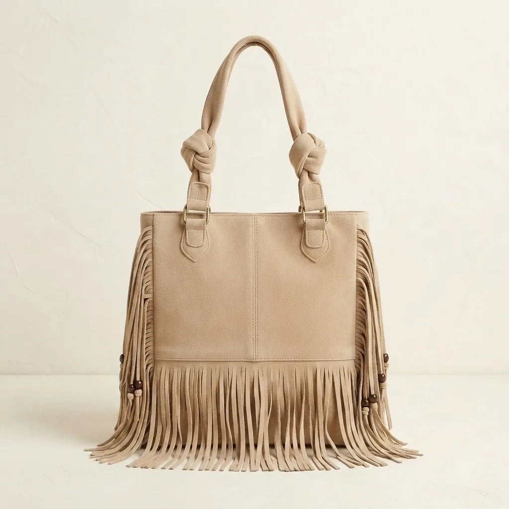 Beige big fringed shoulder bag, front view