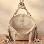 Interior lining and pockets of Beige big fringed shoulder bag