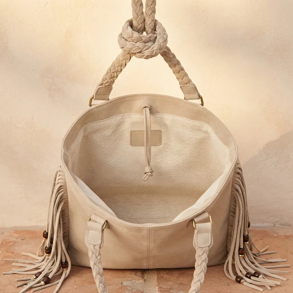 Interior lining and pockets of Beige big fringed shoulder bag