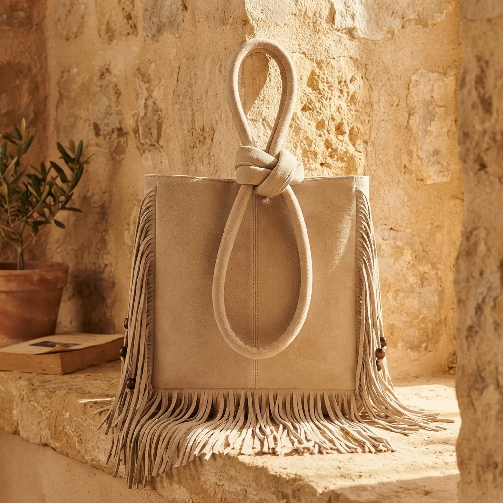 Beige big fringed shoulder bag styled in a warm Mediterranean setting