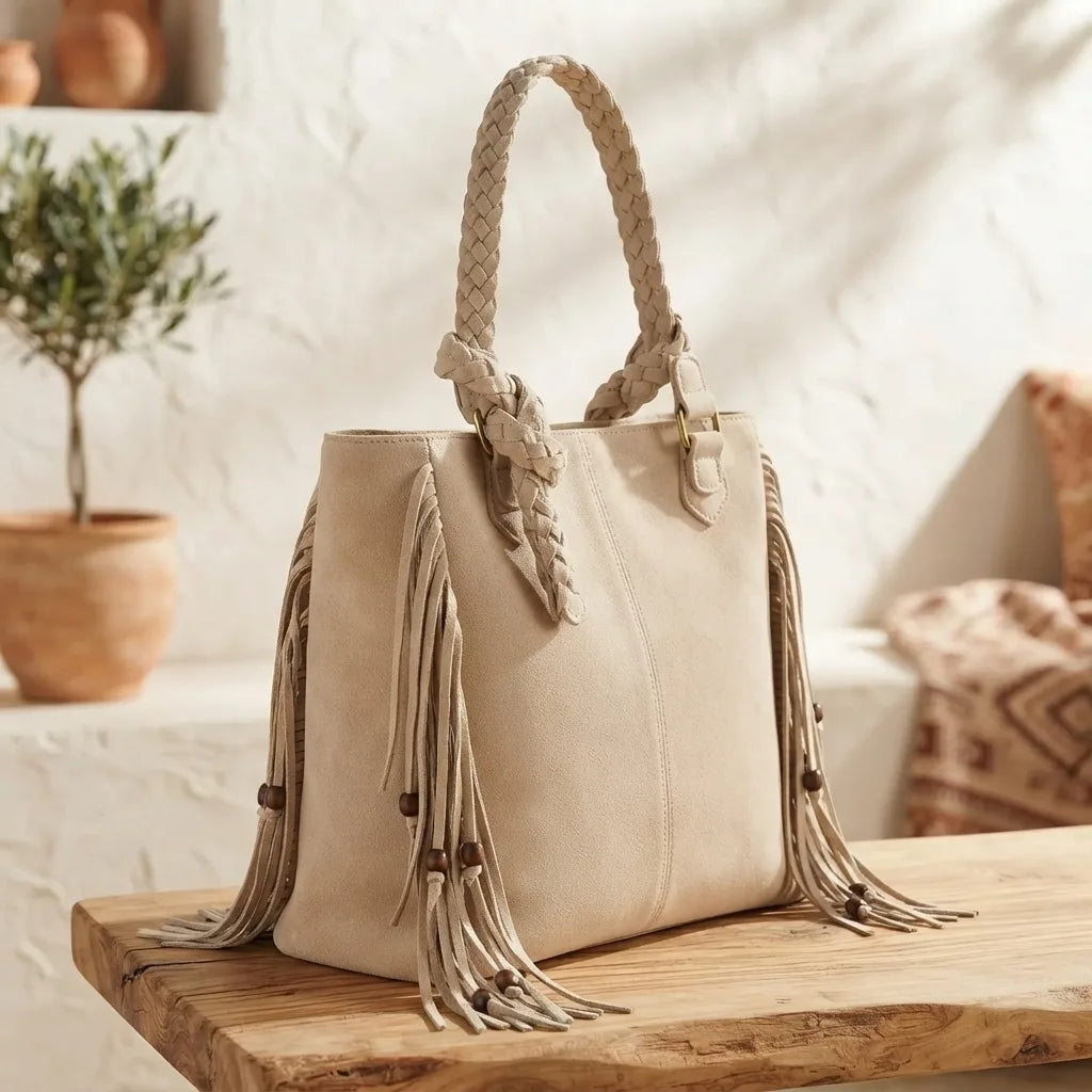 Beige big fringed shoulder bag, three-quarter angle showing side depth