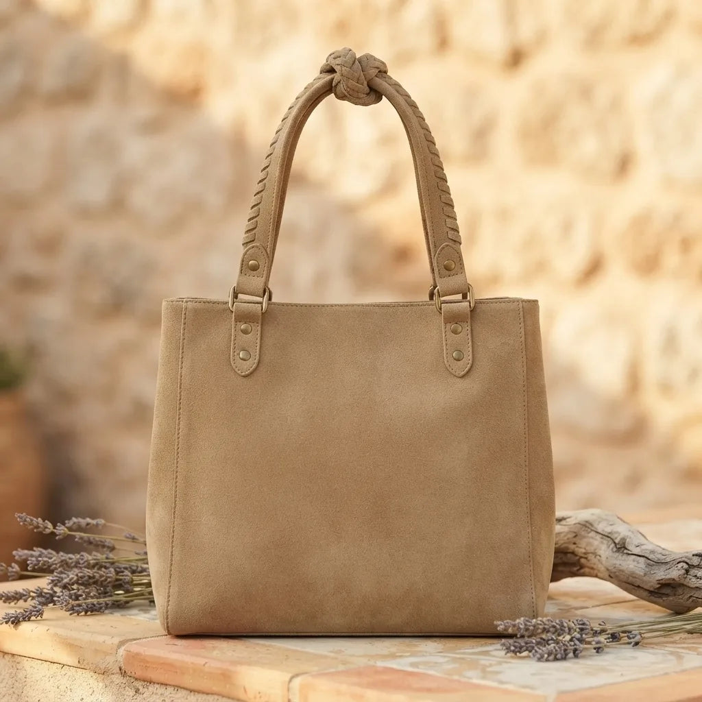 Back panel of Khaki big fringed shoulder bag with strap attachments