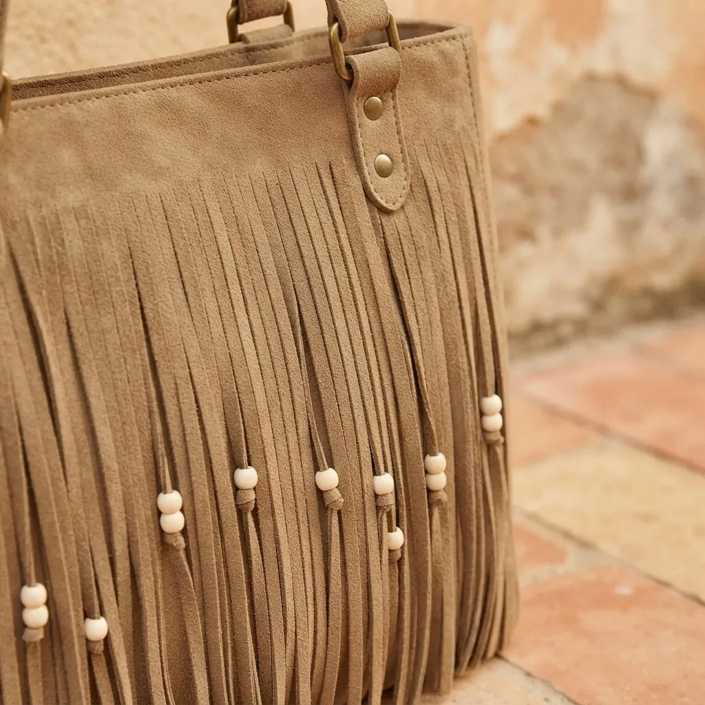 Close-up of fringe stitching and texture on Khaki big fringed shoulder bag