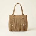 Khaki big fringed shoulder bag, front view