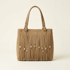 Khaki big fringed shoulder bag, front view