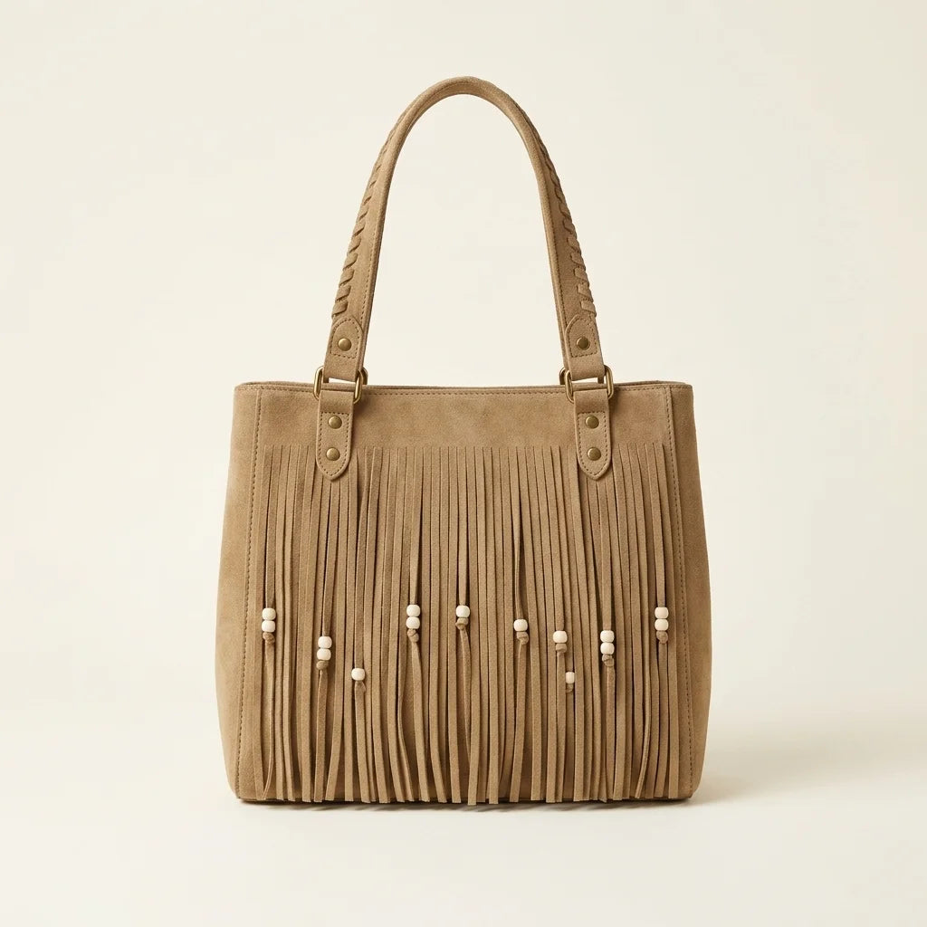 Khaki big fringed shoulder bag, front view