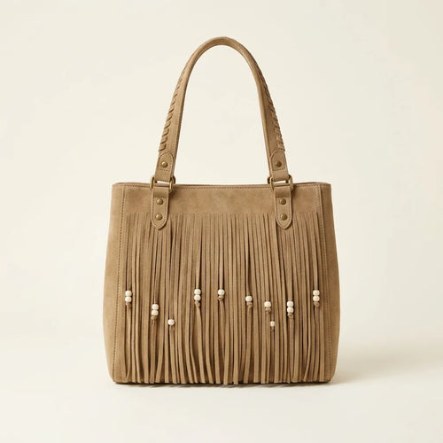 Khaki big fringed shoulder bag, front view
