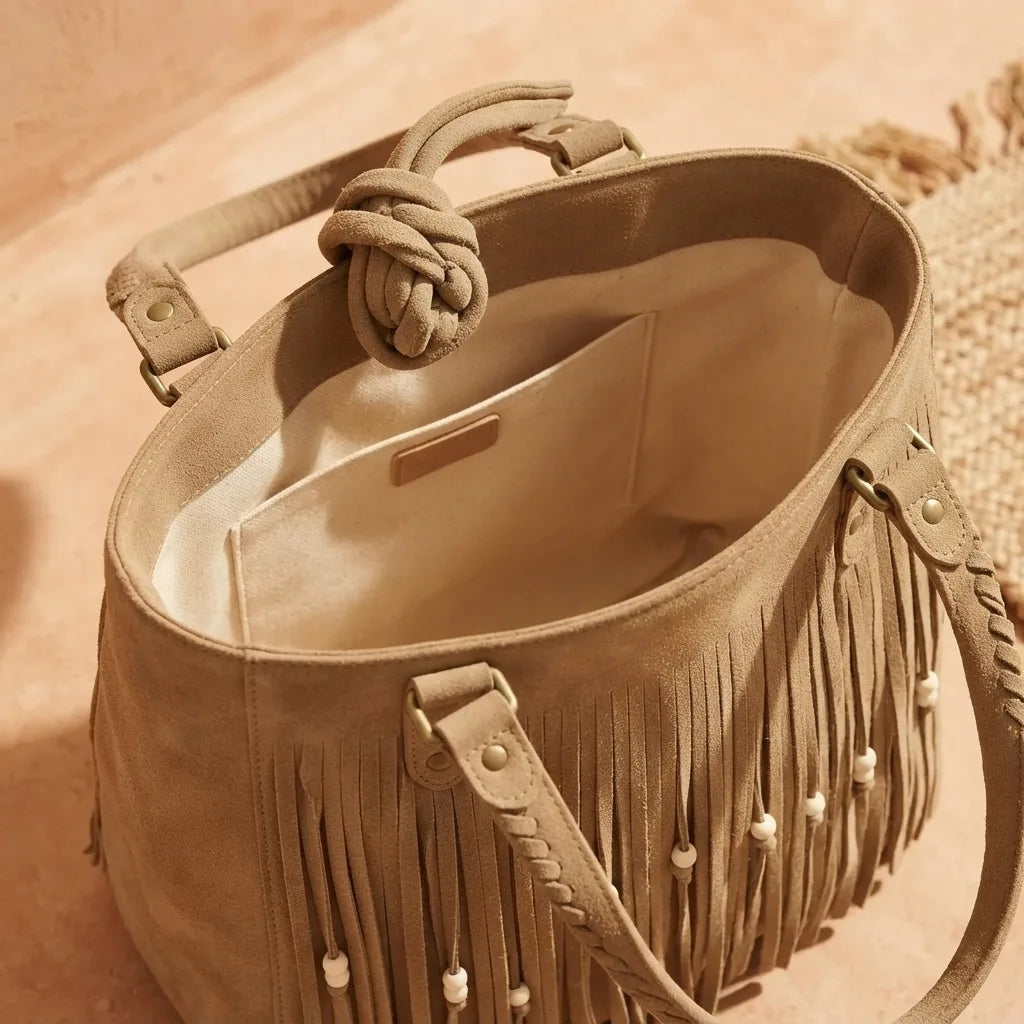 Interior lining and pockets of Khaki big fringed shoulder bag
