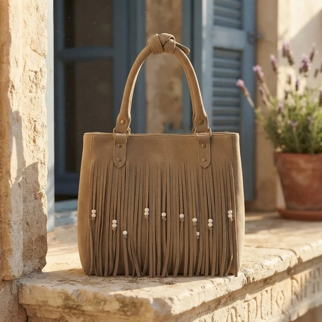 Khaki big fringed shoulder bag styled in a warm Mediterranean setting