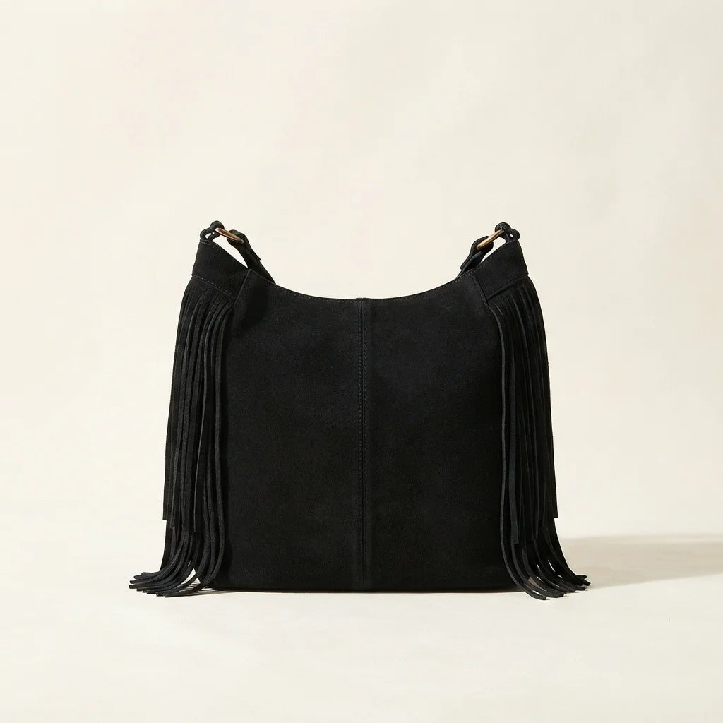 Back panel of Black black fringe bag suede with strap attachments