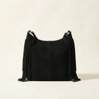 Back panel of Black black fringe bag suede with strap attachments