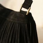 Close-up of fringe stitching and texture on Black black fringe bag suede