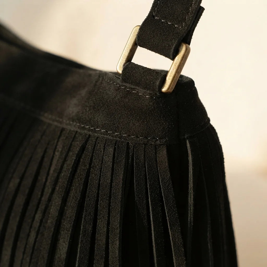 Close-up of fringe stitching and texture on Black black fringe bag suede