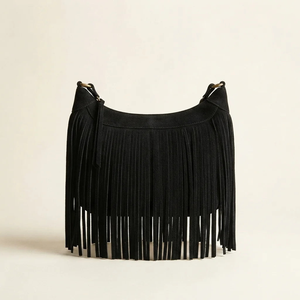 Black black fringe bag suede, front view