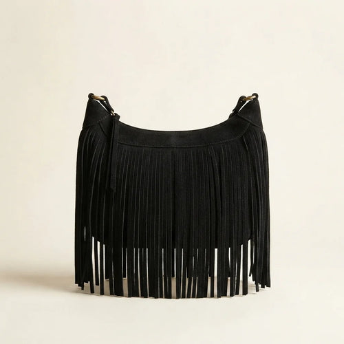 Black black fringe bag suede, front view
