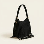 Black black fringe bag suede, three-quarter angle showing side depth