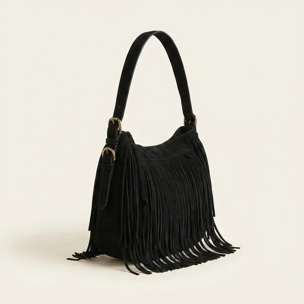 Black black fringe bag suede, three-quarter angle showing side depth