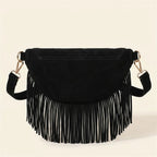 Back panel of Black black fringe belt bag with strap attachments