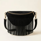 Black black fringe belt bag, front view