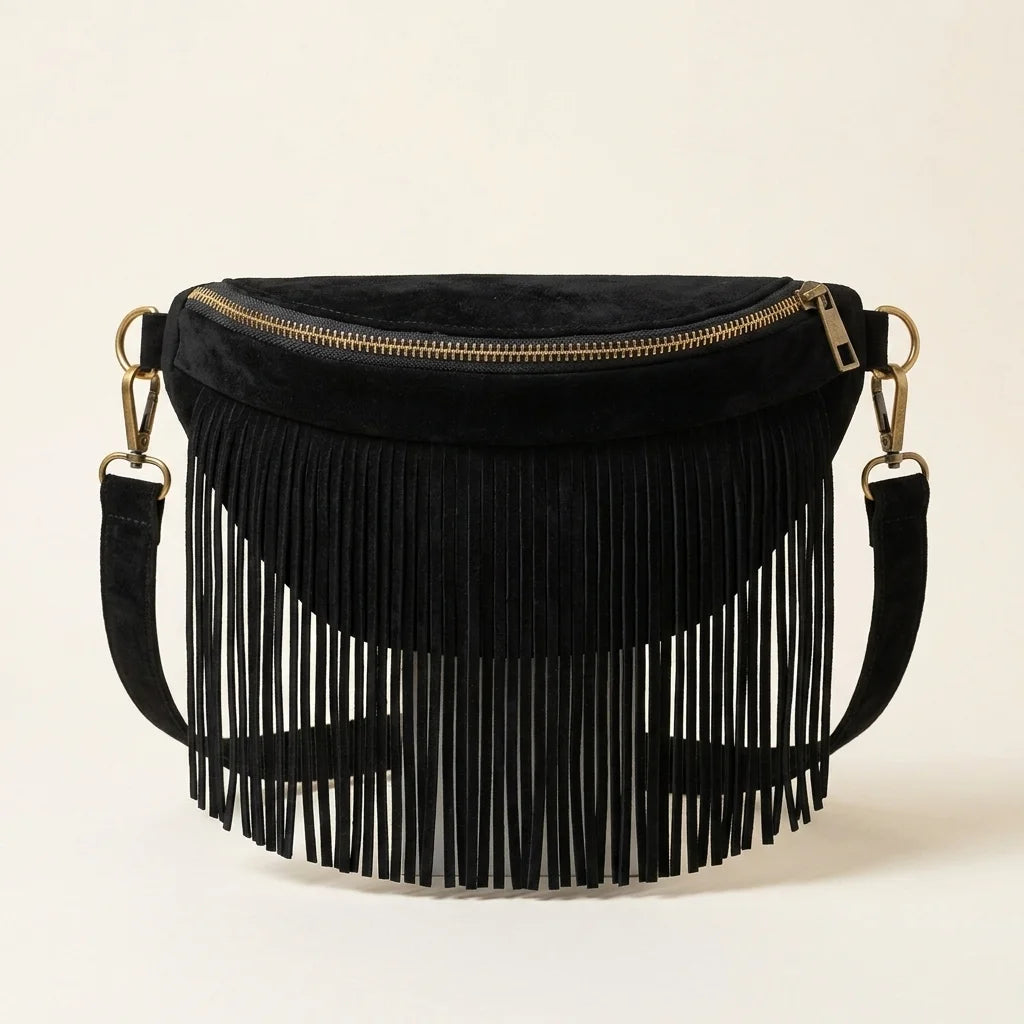 Black black fringe belt bag, front view